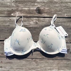 Lucky Brand T shirt Bra White + Blue Floral Print 36C NWT